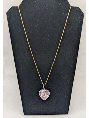 ​Vtg Chevron Amethyst Heart Pendant Necklace Gold over 925 Sterling Box Chain